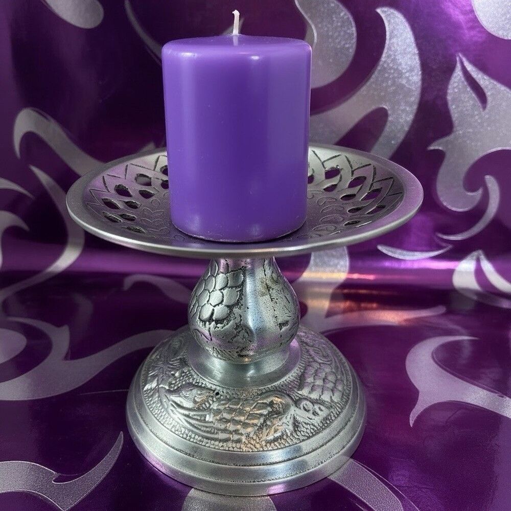 Vintage Metal Candle Holder Pedestal Pierced Dish Floral Base Silver Tone
